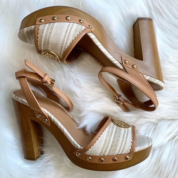 TOMMY HILFIGER Size 8 Faux Wood Linen Platform Sandals - Picture 3 of 11